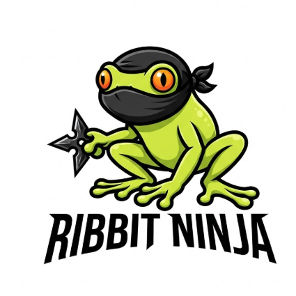 A 1:1 playful mascot logo of a bright green tree frog wearing a black ninja mask and holding a shuriken. The frog has large orange eyes. The color palette is lime green, orange, and black. The text "RIBBIT NINJA" is written in a sharp, ninja-inspired font below the icon. Solid white background for high contrast. Sharp vector lines and clean shading.