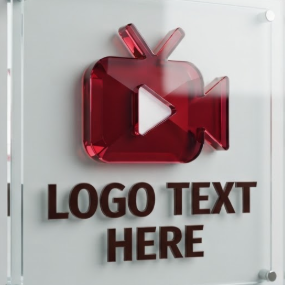 A high-resolution 1:1 professional logo design for a YouTube channel. The logo features a stylized red television icon combined with a camera lens and a central white play button, similar to the reference image. Bold, dark brown serif typography below reads "LOGO TEXT HERE". The logo is displayed as a 3D glass-textured signage mounted on a minimalist white office wall.