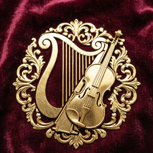 1:1 prestigious orchestral emblem. Symmetrical golden filigree design featuring a harp and violin intertwined. Placed on a royal burgundy velvet texture. High-end gold foil effect.
