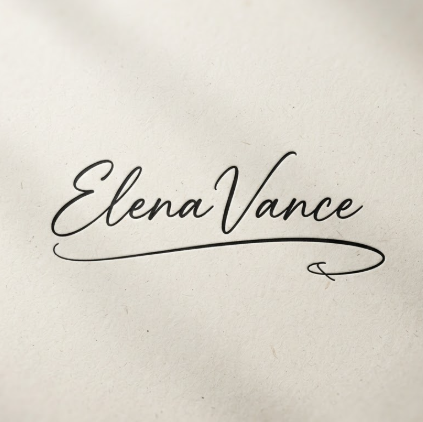 A 1:1 high-resolution branding image. A minimalist signature logo "Elena Vance" written in a fluid, thin cursive script with a long, elegant tail underlining the text. The logo is in matte black ink centered on a premium off-white vellum paper with a subtle grain texture. Soft side lighting creates a faint shadow, giving a realistic 3D feel.