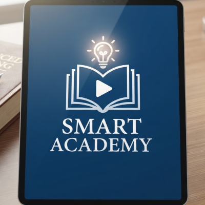 A 1:1 academic YouTube logo. An open book icon where the pages form the layers of a play button, with a glowing lightbulb above it. Royal blue and white color scheme. "SMART ACADEMY" in formal serif typography. The logo is displayed as a profile picture on a tablet screen next to some textbooks.