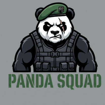 A 1:1 aggressive mascot logo of a giant panda wearing a dark tactical vest and a green beret. The panda has a serious expression and a scar over one eye. The primary colors are forest green, black, and white. Below the character, the text "PANDA SQUAD" is in a heavy, military-style stencil font. Solid grey background. Strong silhouettes and thick vector outlines.