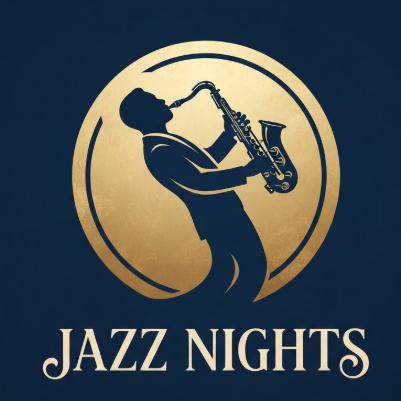 A 1:1 elegant band logo design. A minimalist navy blue silhouette of a saxophone player leaning back while performing. The player is framed by a golden circular moon. The overall style is retro and smooth. Below the icon, the text "JAZZ NIGHTS" is written in a sophisticated, vintage serif font. Minimalist vector art style.