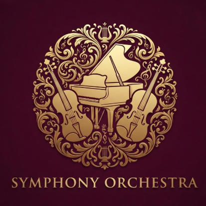 A 1:1 sophisticated classical music logo. A golden silhouette of a grand piano and a violin intertwined with ornate flourishes. The design is symmetrical and prestigious. The text "SYMPHONY ORCHESTRA" is centered below in an elegant serif typeface with wide tracking. Solid royal burgundy background.