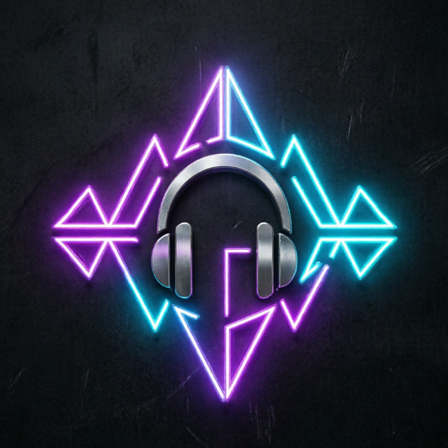 1:1 digital logo for an EDM project. Glowing neon purple and cyan geometric triangles forming an abstract equalizer. Center features a stylized metallic headphone symbol. Dark obsidian background.