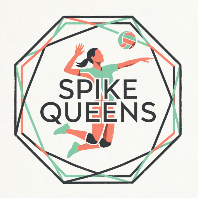 A 1:1 elegant yet powerful volleyball logo. A stylized silhouette of a female player spiking a volleyball. The colors are coral pink, mint green, and dark grey. The logo is framed within an octagonal geometric border. Clean, modern sans-serif typography reads "SPIKE QUEENS".