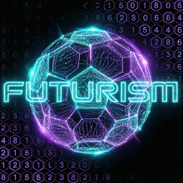  A futuristic 1:1 soccer logo with neon cyan and violet glowing lines. The soccer ball is depicted as a holographic wireframe. Hexagonal digital patterns in the background. The text is in a glowing digital font. Dark background to emphasize the neon glow. Sleek, high-tech aesthetic.
