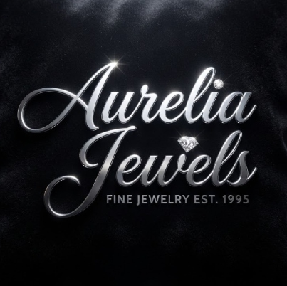 A 1:1 luxury jewelry brand logo. The signature "Aurelia Jewels" in an elegant, flowing script with a tiny sparkling diamond icon dotting the letter 'i'. The logo is displayed in high-gloss silver chrome on a black velvet cushion. Dramatic top lighting highlights the metallic glint.