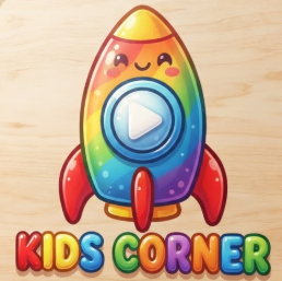 A 1:1 colorful kids' YouTube logo. A cute cartoon rocket ship with a big round play button as the window. Rainbow gradients and bright primary colors. "KIDS CORNER" in playful, bubbly 3D typography. The logo is displayed on a wooden toy box in a bright nursery.