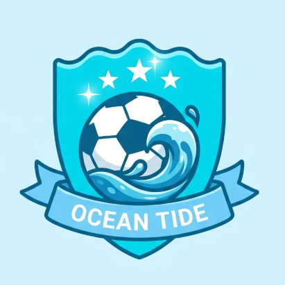 A 1:1 dynamic 2D vector logo. A teal shield with a wave-shaped top edge. A white soccer ball is integrated with a blue splash graphic. A light blue ribbon curves elegantly at the bottom featuring "OCEAN TIDE" in clean sans-serif typography. Three stars twinkle in the upper section of the shield. Refreshing summer color palette.