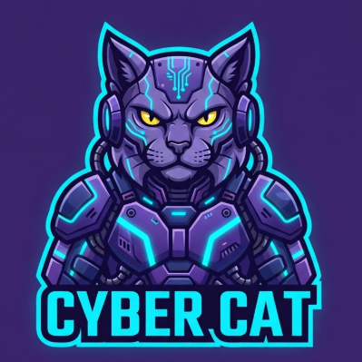 A 1:1 professional vector mascot logo for a Twitch channel. The logo features a stylized feline character with sharp yellow eyes, wearing high-tech cyber armor in shades of deep purple and navy blue. Vibrant neon cyan glowing lines run across the armor and face. Below the mascot, the text "CYBER CAT" is written in a bold, sans-serif font with a cyan shadow. Solid dark purple background. Clean lines, bold outlines, and flat cel-shading.