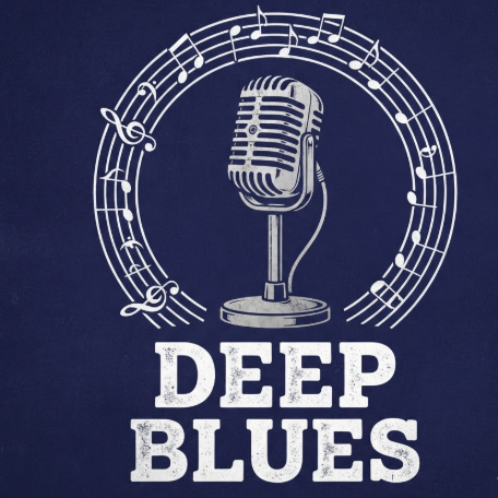 A 1:1 classic blues band logo. A detailed silhouette of a vintage silver microphone on a stand, surrounded by a circular musical staff with notes. Deep indigo blue background with white graphics. The text "DEEP BLUES" is written in a bold, weathered slab-serif font at the base. Soulful and timeless design.