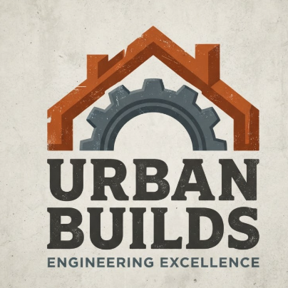 A robust 1:1 construction team logo. The graphic features a stylized gabled roof integrated with a heavy gear, in rust orange and slate grey. Strong, thick geometric lines. Below the icon, the text "URBAN BUILDS" in a heavy slab-serif font, with the slogan "ENGINEERING EXCELLENCE" at the bottom.