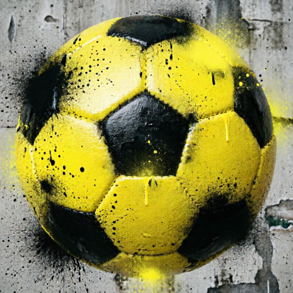  A 1:1 street-style soccer logo with graffiti-inspired elements. A soccer ball with paint splatters in vibrant yellow and black. The team name is written in a bold, hand-drawn graffiti tag style. Concrete wall texture in the background. Dynamic and energetic feel.
