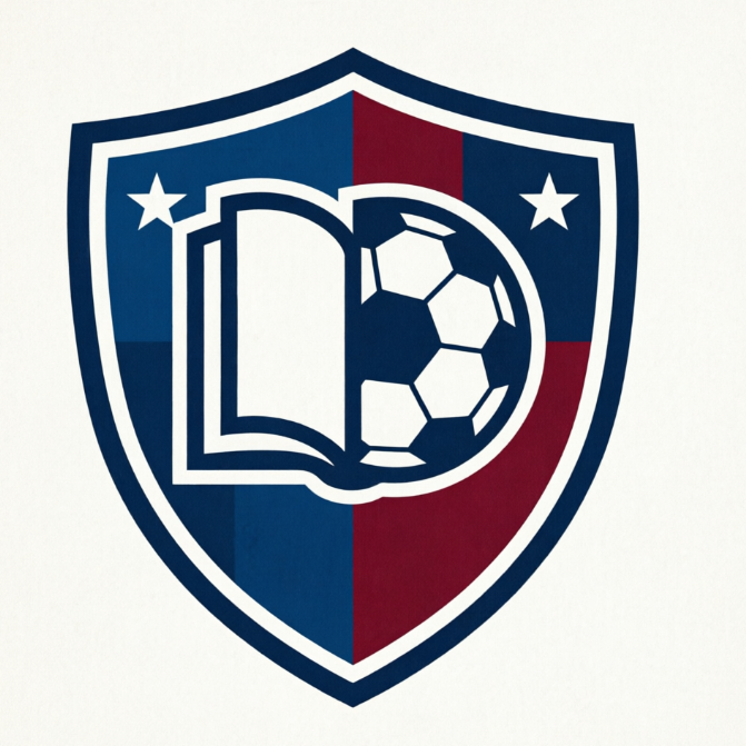 A 1:1 soccer academy logo using a traditional crest shape. Navy blue and white with a maroon accent. In the center, an open book icon is merged with a soccer ball silhouette. Two stars on the side signify excellence. Clean, formal serif typography for a prestigious school feel.