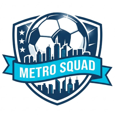A 1:1 modern 2D vector logo. A wide shield containing a dark blue silhouette of city skyscrapers at the bottom. A large white soccer ball acts as a "rising sun" behind the buildings. A cyan ribbon flows across the foreground with the text "METRO SQUAD". Three stars are vertically aligned on the left side of the shield. Flat vector graphics on a white background.