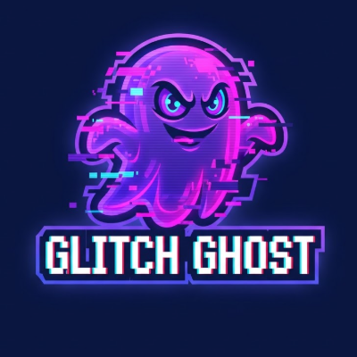 A 1:1 trendy mascot logo of a cartoon ghost with a digital glitch effect. The ghost is glowing in neon purple and magenta, with pixelated edges. It has large, playful eyes. The text "GLITCH GHOST" is written in a blocky, 8-bit style font with a chromatic aberration effect. Dark navy blue background. Vibrant, energetic, and modern aesthetic.