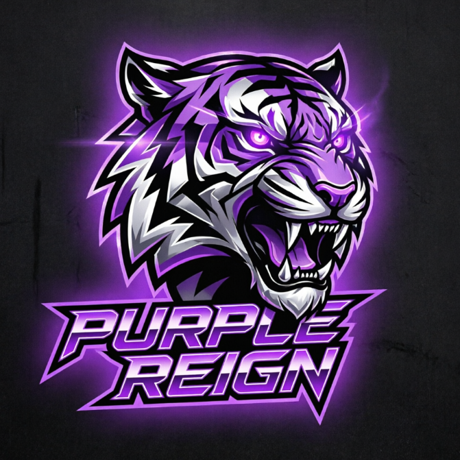 A 1:1 high-contrast esports mascot logo. A fierce tiger head with glowing purple eyes and sharp fangs, designed with sharp geometric angles. Colors include neon purple, black, and silver. Below the tiger head, futuristic slanted typography reads "PURPLE REIGN". The background is a dark charcoal texture with a subtle purple glow.