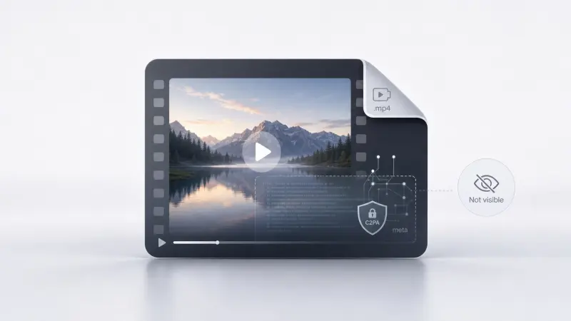 A video file illustration showing hidden metadata and content credentials that are not visible on the frame