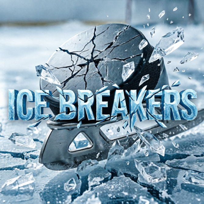 A 1:1 aggressive ice hockey logo. A sharp ice skate blade cutting through a cracked ice floor, with an ice hockey puck integrated into the design. Cool blue, white, and steel grey palette. Shard-like font reads "ICE BREAKERS" in a crystalline blue finish.
