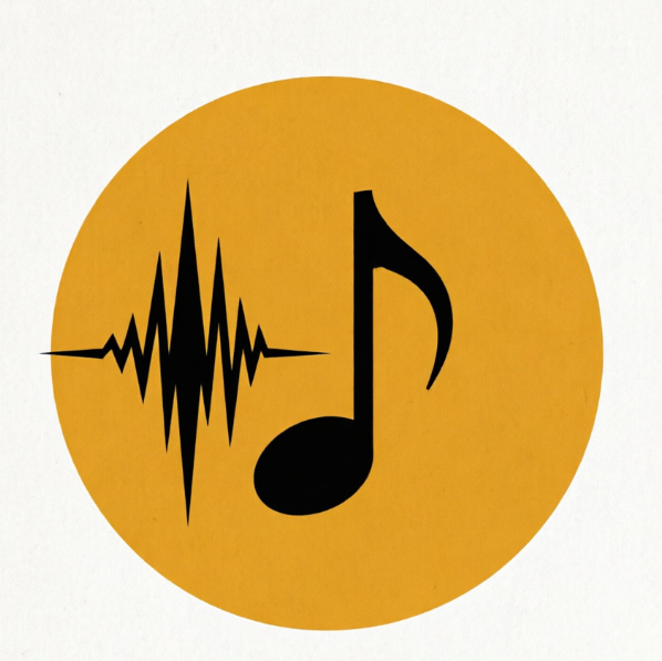 1:1 professional flat vector logo. Amber-yellow circular background. A black silhouette of a musical eighth note seamlessly merging into a sharp, jagged soundwave pulse. Clean edges, high contrast.