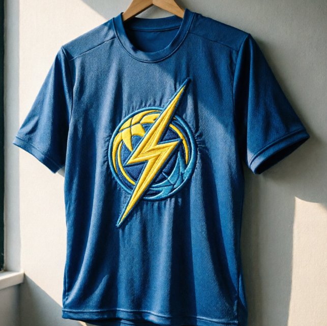A 1:1 realistic mockup of a sports jersey hanging on a locker room wall. In the center of the high-quality moisture-wicking fabric is a crisp AI-generated logo of a lightning bolt hitting a sports ball. The logo is rendered with embroidered textures. The colors of the jersey match the blue and yellow of the logo.