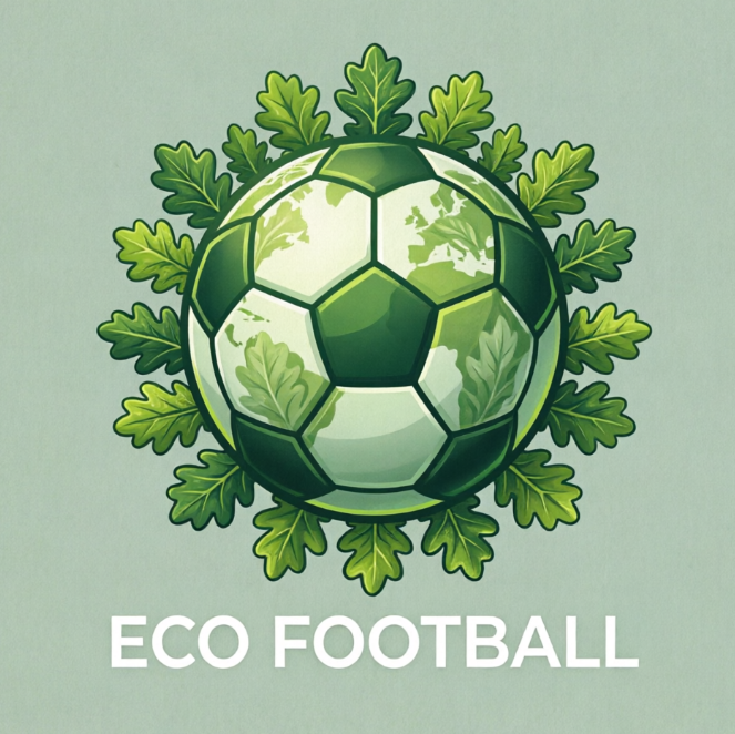 A 1:1 eco-themed soccer logo in forest green and lime. The soccer ball is shaped like a globe with subtle leaf patterns. A circular wreath made of fresh green oak leaves surrounds the ball. Clean white typography. This logo represents a community-focused or sustainable sports organization.