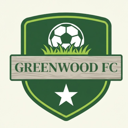 A 1:1 eco-style 2D football crest. A rounded dark green shield with an inner lime green border. A simple white soccer ball sits on a stylized green grass graphic. A tan-colored wooden-textured ribbon flows across the center with "GREENWOOD FC" in dark green serif text. A single large white star is centered at the bottom. Minimalist vector art style.