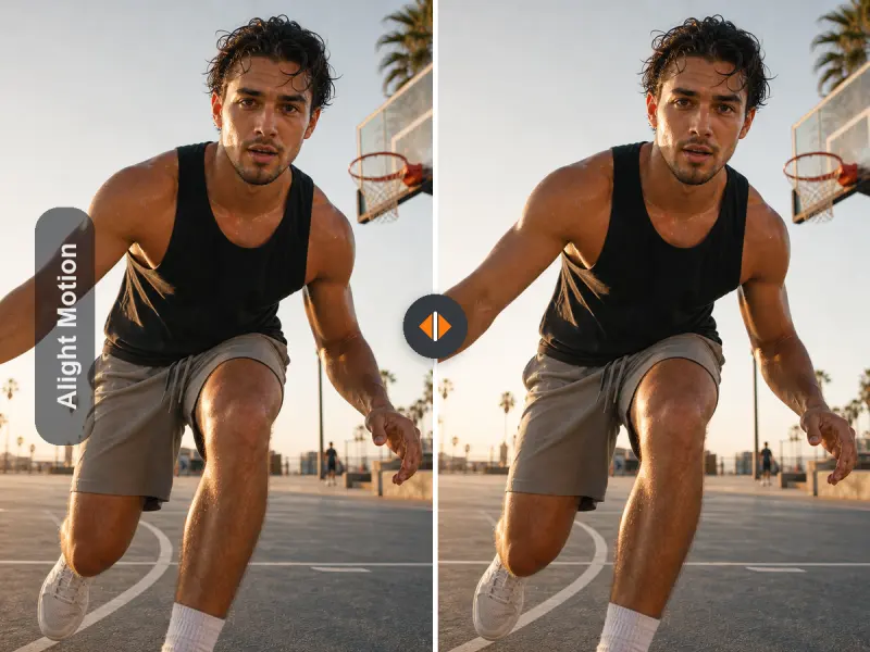 Before and after comparison of a basketball creator video with an Alight Motion text watermark removed