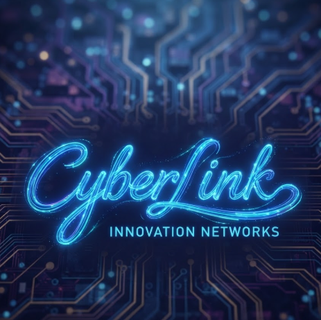 A 1:1 futuristic tech logo. The name "CyberLink" in a signature style that incorporates neon blue glowing lines like fiber optics. The background is a dark, tech-themed circuit board pattern with blurred bokeh light dots. The signature looks like it's being drawn by a light beam.