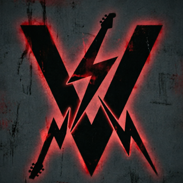 1:1 aggressive band symbol. A sharp black silhouette of a V-shaped electric guitar crossed with two jagged lightning bolts. Blood-red and charcoal grey tones with distressed textures.