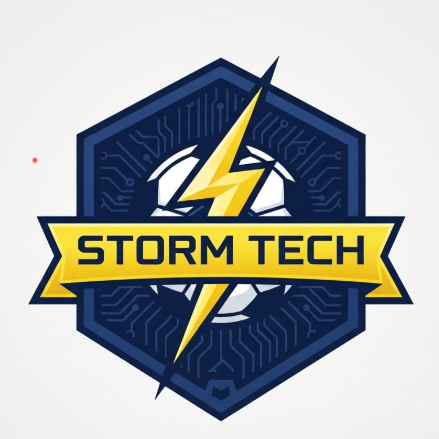 A 1:1 tech-themed 2D football logo. A dark blue hexagonal shield. A soccer ball with a yellow lightning bolt striking through it. A bright yellow ribbon across the center features "STORM TECH" in a modern digital font. The background of the shield has a subtle blue circuit board pattern (flat 2D). High visibility and modern aesthetic.