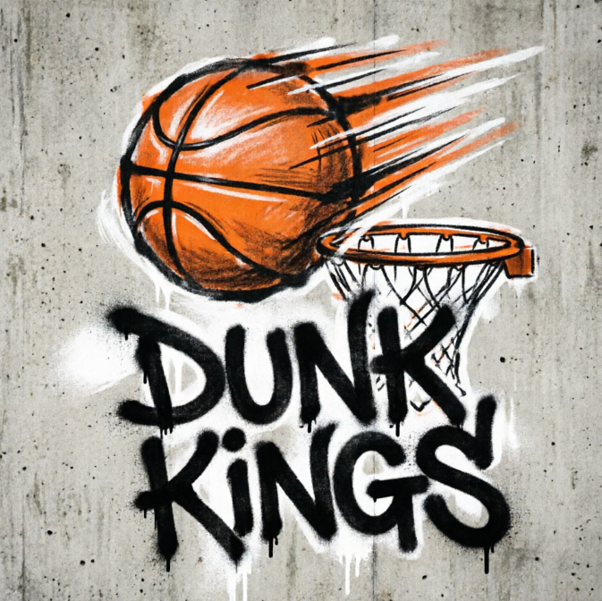 A 1:1 dynamic basketball logo. An orange basketball with speed lines trailing behind it, appearing as if it's falling into a hoop. Gritty urban style with orange, black, and white colors. Bold graffiti-style font below reads "DUNK KINGS". The logo is set against a subtle concrete wall texture.