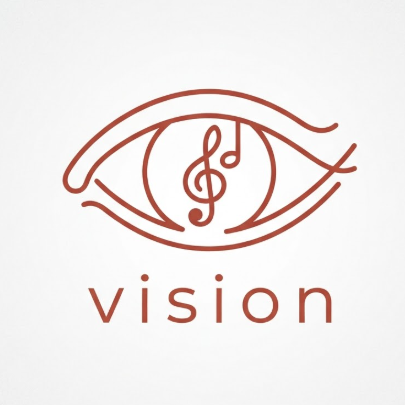 A 1:1 artistic indie band logo. An abstract eye icon with a musical note as the pupil, drawn in a thin, continuous line art style. The color palette is minimal, using only terracotta red on a light grey background. The text "VISION" is in a modern, lowercase minimalist font. Trendy and contemporary.