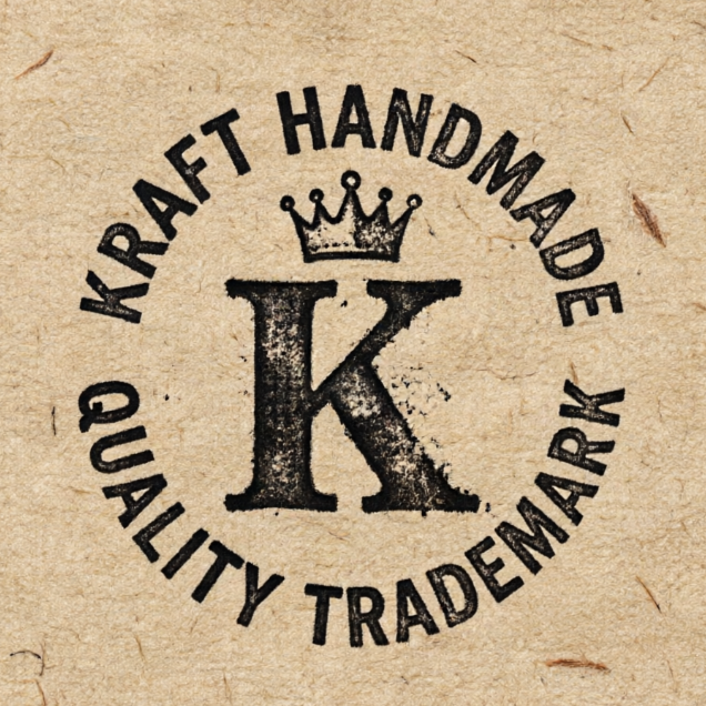 A 1:1 hand-stamped style monogram. The letter 'K' in a rustic slab-serif font with a crown icon. The circular text 'KRAFT HANDMADE' and 'QUALITY TRADEMARK' is slightly irregular, mimicking a rubber stamp. Black ink on a light tan recycled paper background.
