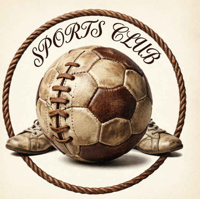  A 1:1 vintage-style soccer logo with a distressed brown and cream leather texture. A retro laced-leather football is the central element. Crossed vintage cleats appear behind the ball. Circular frame with a rope-like border. Traditional cursive script for the club name, evoking a 1920s athletic club feel.