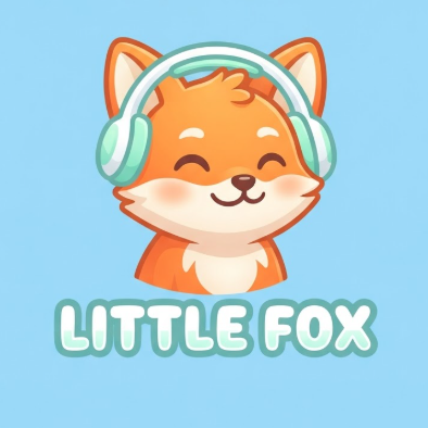 A 1:1 cute vector logo of an orange fox wearing a modern white gaming headset. The fox is smiling with its eyes closed, giving a friendly vibe. The colors are bright orange, cream white, and mint green. The text "LITTLE FOX" is written in a rounded, playful bubble font below the icon. Solid light blue background. Soft gradients and clean vector paths.