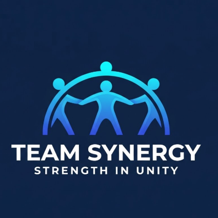 A professional 1:1 vector logo design. The icon features three abstract interconnected human figures forming a bridge-like shape, using a vibrant royal blue to cyan gradient. Positioned on a solid deep navy background. Below the icon, "TEAM SYNERGY" is written in a bold, clean sans-serif white font, with the slogan "STRENGTH IN UNITY" in a smaller, spaced-out font underneath. Modern and high-tech aesthetic.