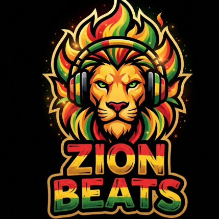 A 1:1 energetic reggae band logo. A stylized lion head mascot wearing headphones, using the colors red, yellow, and green. The mane of the lion is shaped like flickering flames. Below the mascot, the text "ZION BEATS" is in a bold, tropical-themed font. Clean vector style on a black background for maximum contrast.