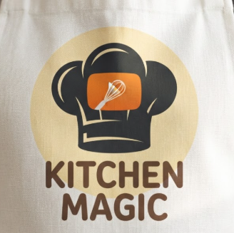 A 1:1 warm-toned YouTube logo. A chef's hat silhouette where the top fold is a bright orange play button, combined with a minimalist whisk icon. Soft pastel yellow background. The typography "KITCHEN MAGIC" is in a friendly, rounded sans-serif font. The logo is printed on a professional white linen apron worn by a chef.