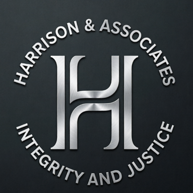 A sophisticated 1:1 corporate monogram logo. A bold, solid letter 'H' sits in the center with minimalist symmetrical curves. Circular text surrounds it: 'HARRISON & ASSOCIATES' on top and 'INTEGRITY AND JUSTICE' on the bottom. Colors are silver metallic on a deep charcoal grey background.