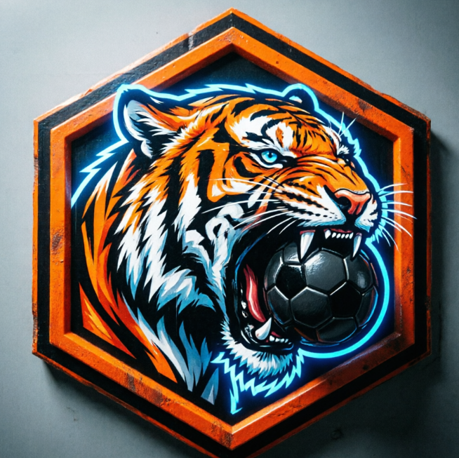 A 1:1 aggressive esports-style soccer logo. A roaring tiger head holding a soccer ball in its jaws. Vibrant orange, black, and electric blue colors. Sharp outlines and dramatic shading. The logo is set inside a heavy hexagonal border. Futuristic tech-style font for the team name.