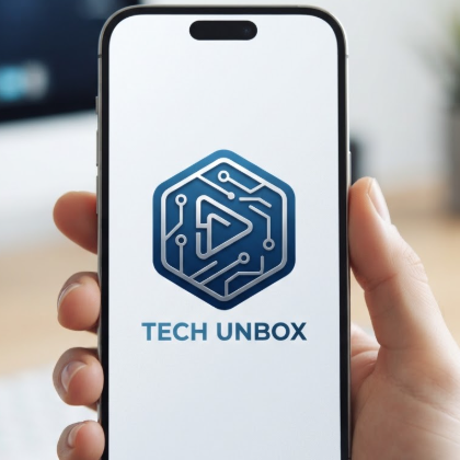 A sleek 1:1 YouTube logo for a tech channel. A minimalist silver circuit board pattern forming a play button shape inside a blue hexagonal frame. "TECH UNBOX" text in clean, modern typography. The logo is displayed as a crisp app icon on a high-resolution smartphone screen held in a hand.