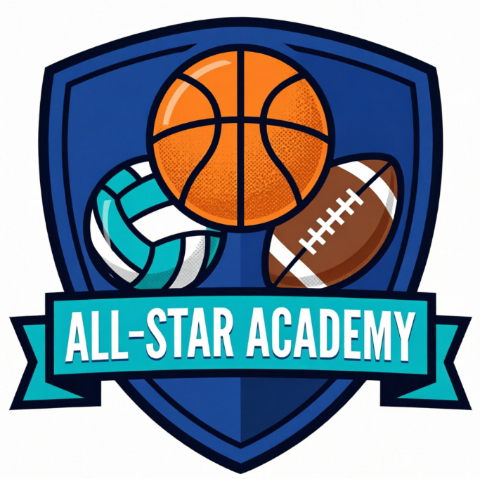 A 1:1 professional vector sports logo on a light grey background. The design features three centered sports balls: a textured orange basketball in the middle, a teal and white volleyball on the left, and a brown American football on the right. A thick teal horizontal banner with white bold text "ALL-STAR ACADEMY" cuts across the lower half. The entire emblem is encased in a navy blue shield-shaped frame. Flat design style with thick black outlines.