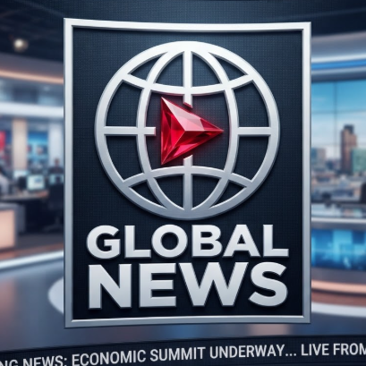 A 1:1 professional news YouTube logo. A stylized globe icon with a sharp red play button centered on the equator. Clean, bold lines with silver metallic effects. "GLOBAL NEWS" in heavyweight block letters. The logo is seen on a digital news ticker screen in a professional broadcasting studio.