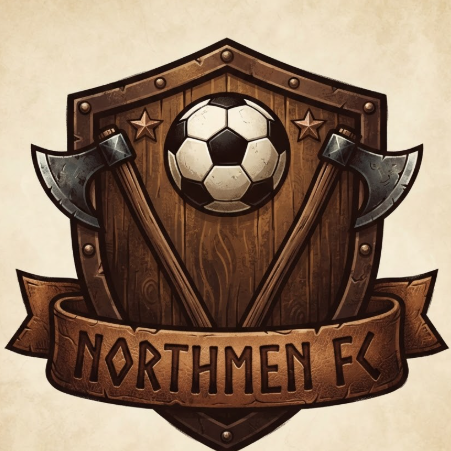 A 1:1 historic-themed 2D vector logo. A brown and tan shield with a wooden texture effect. A soccer ball is flanked by two stylized Viking axes. A thick leather-textured ribbon at the base features "NORTHMEN FC" in a rugged rune-inspired font. Two stars are placed at the very top of the axes. Earthy, strong tones.