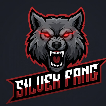 A 1:1 esports-style mascot logo of a fierce grey wolf with its mouth open, showing sharp white fangs. The color palette is high-contrast red, black, and white. The wolf has glowing red eyes and thick black outlines. Below the head, a slanted bold banner features the text "SILVER FANG". The design is symmetrical and aggressive, perfect for a gaming profile.