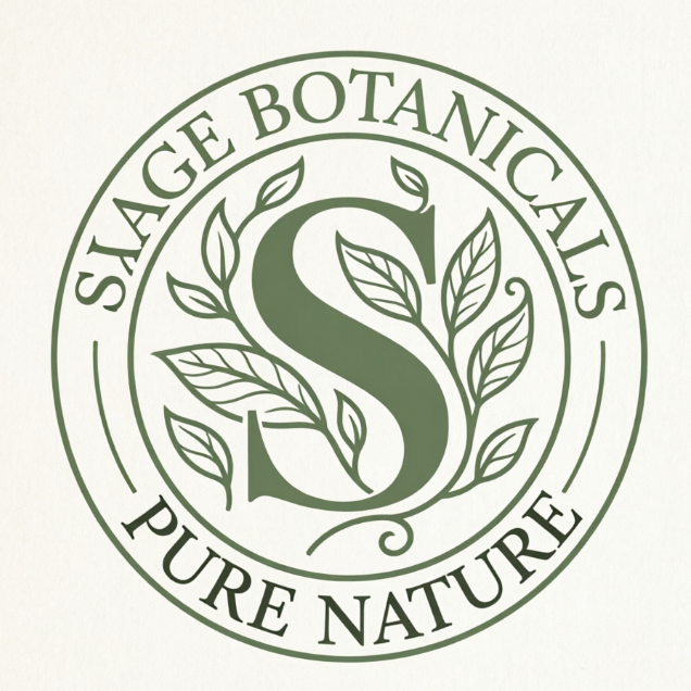 A 1:1 soft-themed monogram logo. The letter 'S' is integrated with delicate leaf and vine illustrations in a circular arrangement. The circular text reads 'SAGE BOTANICALS' and 'PURE NATURE'. Color palette is sage green on a soft white background. Flat vector style.