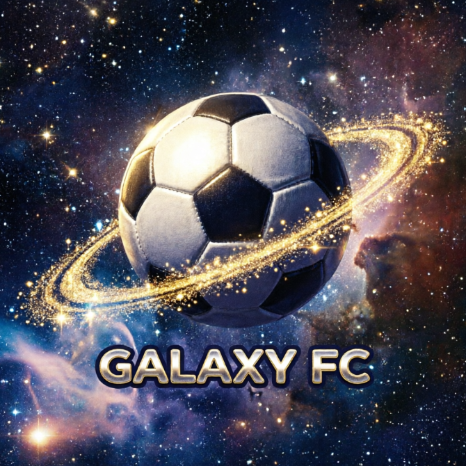  A 1:1 cosmic soccer logo. A soccer ball depicted as a planet with Saturn-like rings made of stardust. Dark indigo and sparkling gold color scheme. Small stars and nebulae in the background. Futuristic rounded typography for the team name "GALAXY FC."