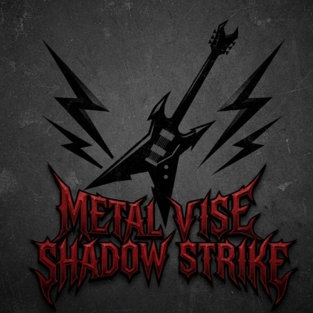 A 1:1 aggressive heavy metal logo. A sharp, jagged black silhouette of a V-shaped electric guitar with lightning bolts striking the sides. The background is a distressed charcoal grey. The band name placeholder below is in a classic sharp, "spiky" metal font in blood red. High energy and intense style.